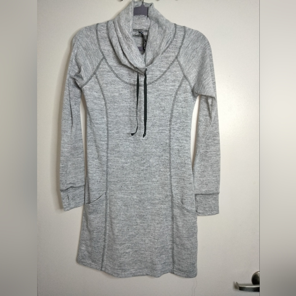 Kuhl (Size S) Heather Gray Stretch Drawstring Cowl Neck LS Lea Sweater Dress